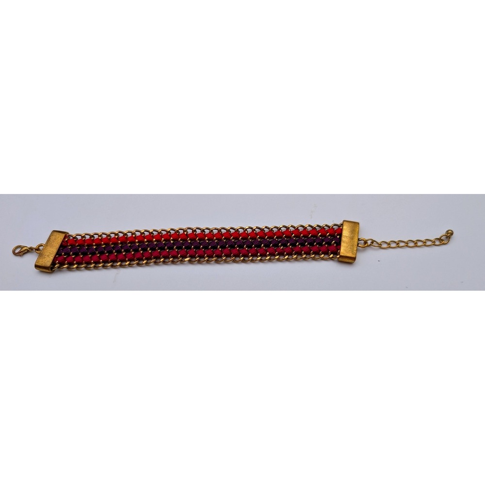 Woven Chain Link Bracelet Gold Tone Magenta Purple Red Ribbon Statement Boho